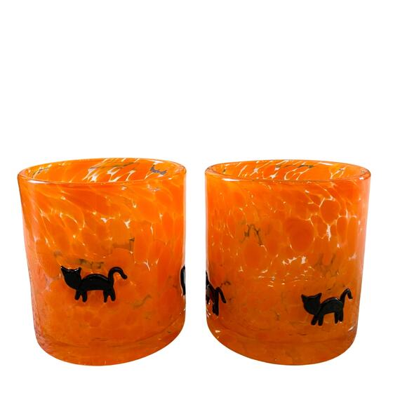 Halloween CAT Inlay Double Old Fashioned Glass Set of 2 Spooky Orange New - Picture 6 of 10